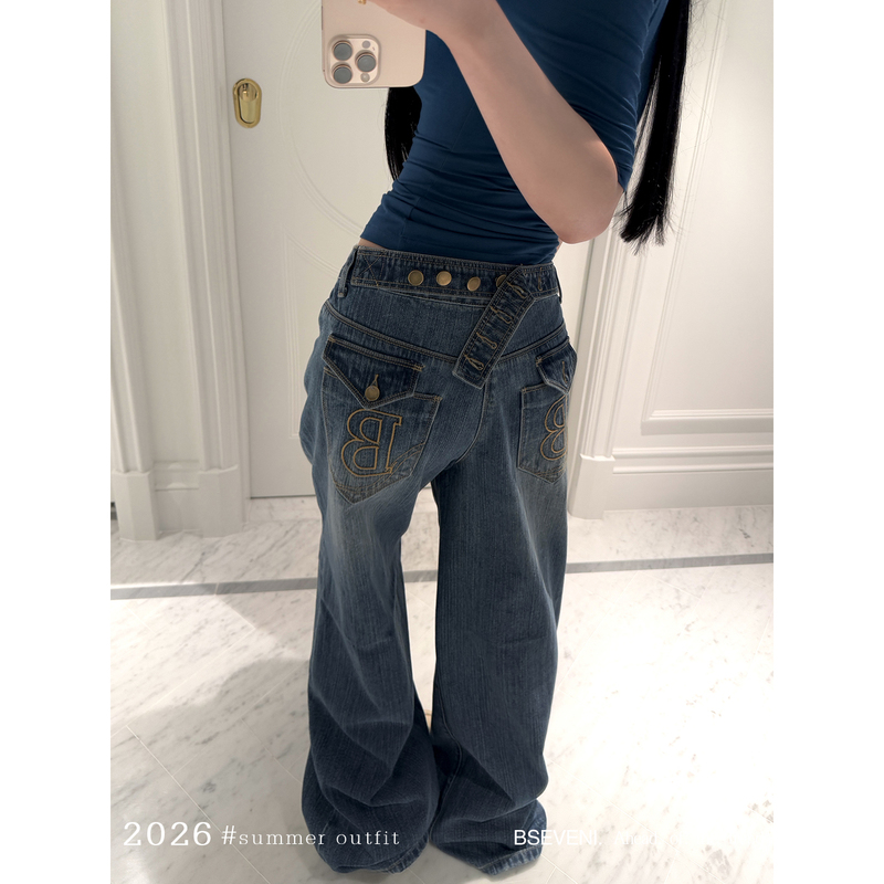Kurosawa Xuanqi [Embroidered Blue Denim] Slightly Loose Summer Thin Straight Wide-Leg Loose Jeans Long Pants for Women