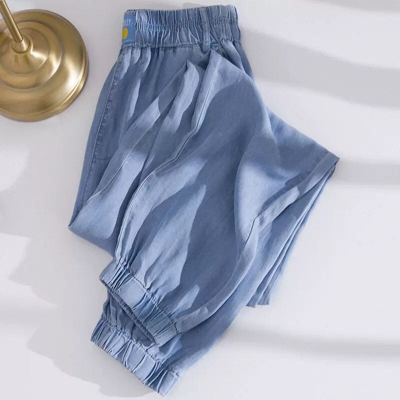 Plus-Size Tencel Jeans for Women, Summer Thin Style, Slimming High-Waisted Loose Fit, Jogger Ice Silk Harem Dad Pants Plus-Size Tencel Jeans for Women, Summer Thin Style, Slimming High-Waisted Loose Fit, Jogger Ice Silk Harem Dad Pants