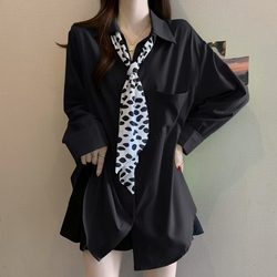 Design-Focused Niche Black Polo Collar Scarf Shirt for Women 2025 Spring and Autumn Plus Size Slimming Mid-Length Top