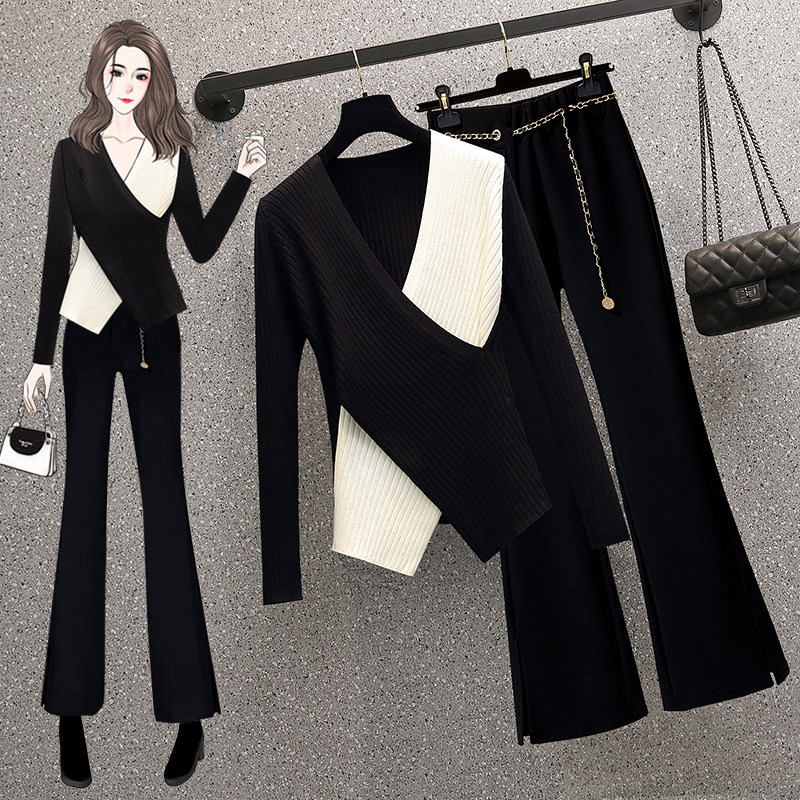 Large size women's clothing early spring fat sister fashion irregular V-neck cross-contrast color sweater micro-flare pants slimming two-piece set
