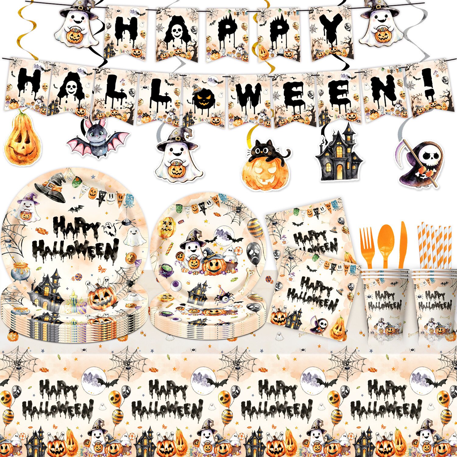 Halloween Themed Party Decoration Tableware Ghost Castle Paper Plates Paper Cups Napkins Tablecloth Flags Knife Fork Spoon Poster
