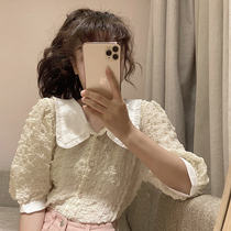 Small fragrant bubble sleeve top female pleated shirt retro doll collar short sleeve chiffon shirt female foreign style French girl
