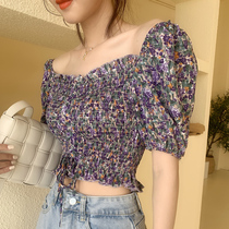 Short navel top female 2020 new shirt female design sense niche light mature retro French careful machine square collar