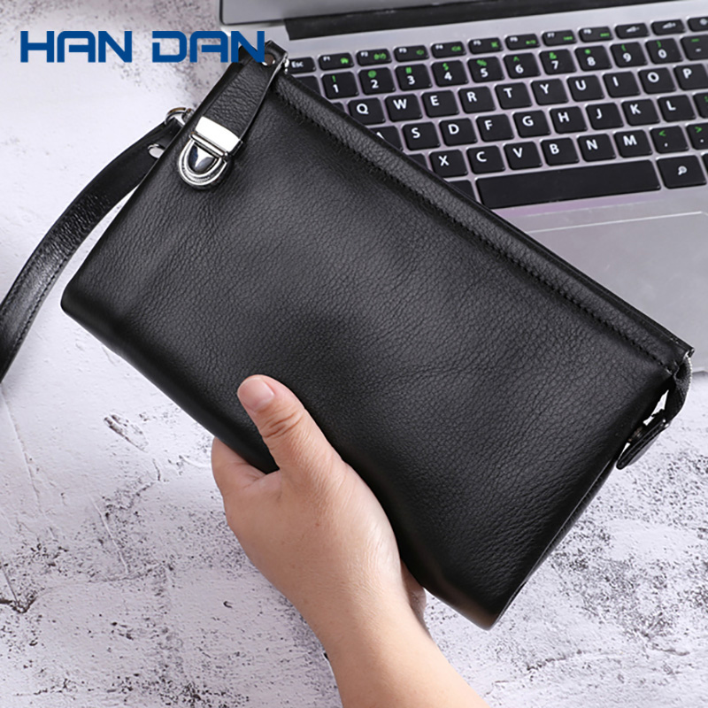 Men's Handbag Genuine Leather Soft Leather Clutch Korean Casual Large Capacity With Wristband Mobile Phone Bag First Layer Leather Clip Bag