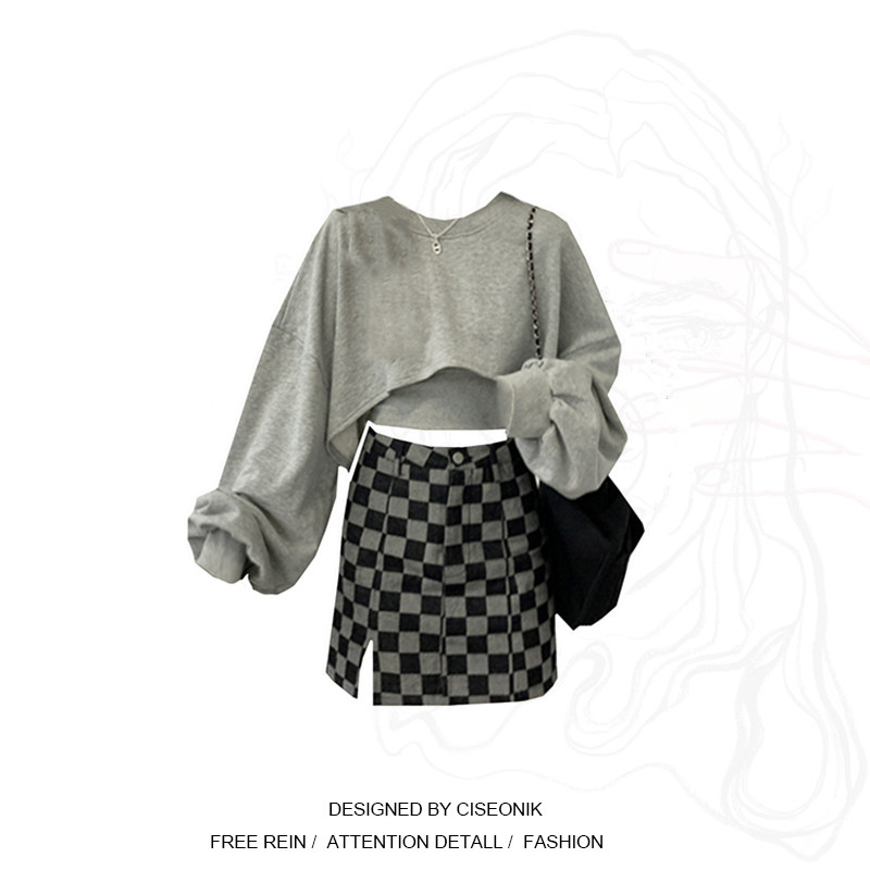 Large Size Size Fat Mm Millennial Hot Girl Suit Woman Black Grey A-half Skirt Woman 2021 fall short sleeve Head Long sleeves