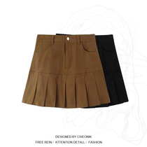 Plus-size womens clothing fat sister sweet and spicy brown skirt womens college A-line bag hip skirt high waist pleated skirt