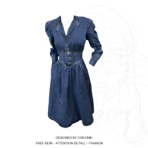 Large size fat MM high-end dark blue backless denim dress female elastic waist slimming long skirt spring