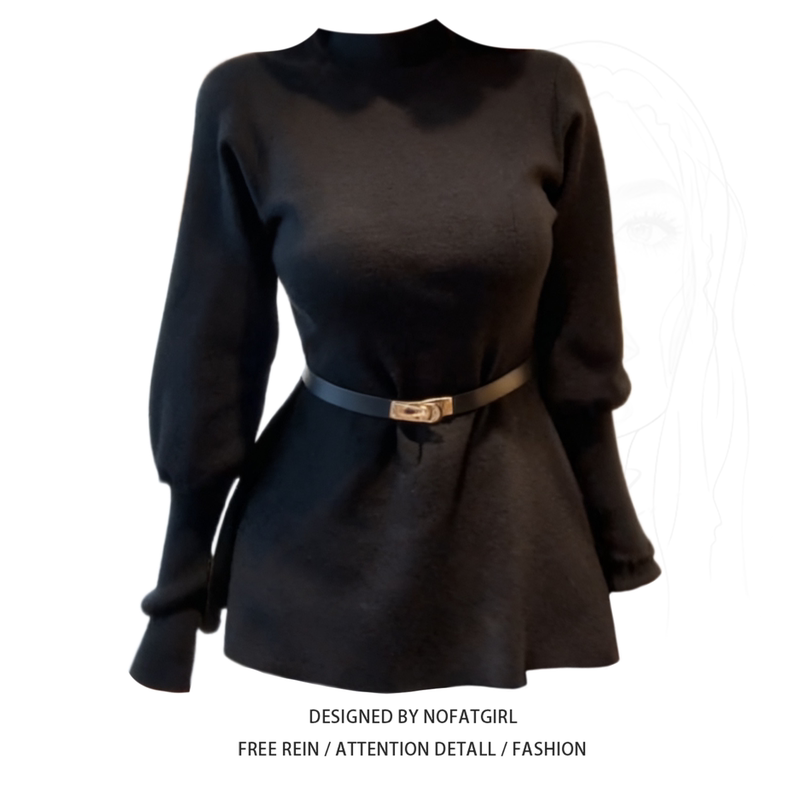 Plus-Size French Hepburn Style Half-High Collar Lantern Sleeve Long-Sleeve Knit Sweater for Women, Autumn and Winter Waist-Cinching Slimming Sweater
