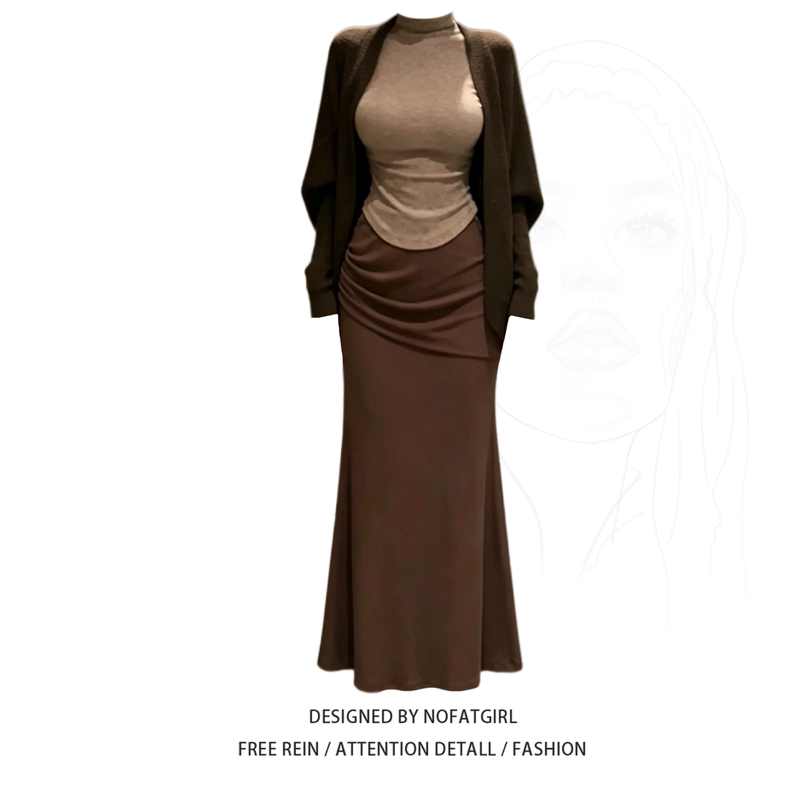 Plus-Size Korean-Style Lazy Style Loose Cardigan Waist-Cinching Top 2026 Autumn Slimming Three-Piece Set with Skirt