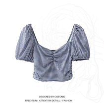 Large size womens fat sister Summer French design sense short plaid bubble short sleeve shirt niche square collar top