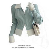 Large size fat sister lapel knitted bottoming shirt womens inner zipper sweater autumn and winter niche design sense short top