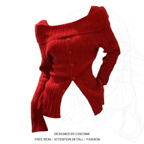 Plus-size fat sister atmosphere sense one-shoulder irregular long-sleeved knitted sweater feminine slim slit sweater top