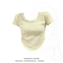 Big size fat sister 2022 summer short t-shirt short-sleeved design sense of irregular self-cultivation sexy belly button top