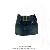 Large size fat sister design sense denim skirt female spring retro high waist hot girl miniskirt bag hip skirt trendy