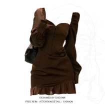 Plus size fat sister French ruffled square collar dress womens autumn and winter new design sweet and spicy style waist skirt