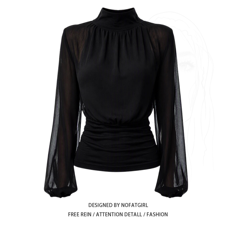 Plus Size Fat Girl French Retro Black High-Neck Lantern Sleeve Mesh Patchwork Top Women's Long-Sleeved Pleated Gentle Shirt Plus Size Fat Girl French Retro Black High-Neck Lantern Sleeve Mesh Patchwork Top Women's Long-Sleeved Pleated Gentle Shirt