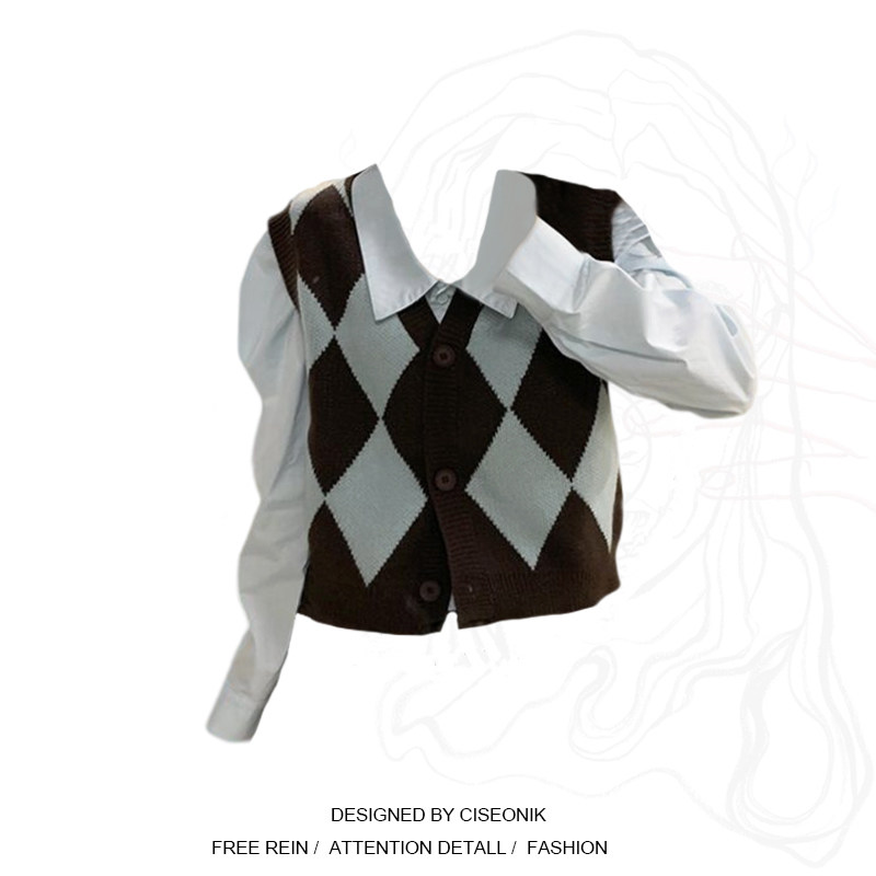 Large size women's dress Fat younger sister American retro college Wind rhombus knit waistcoat Vest Bubble Sleeve T Shirt Suit