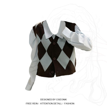 Big Code Women Dress Fat Sister American Comeback College Wind Rhombus Knitted Waistcoat Vest Bubble Sleeve Shirt Suit