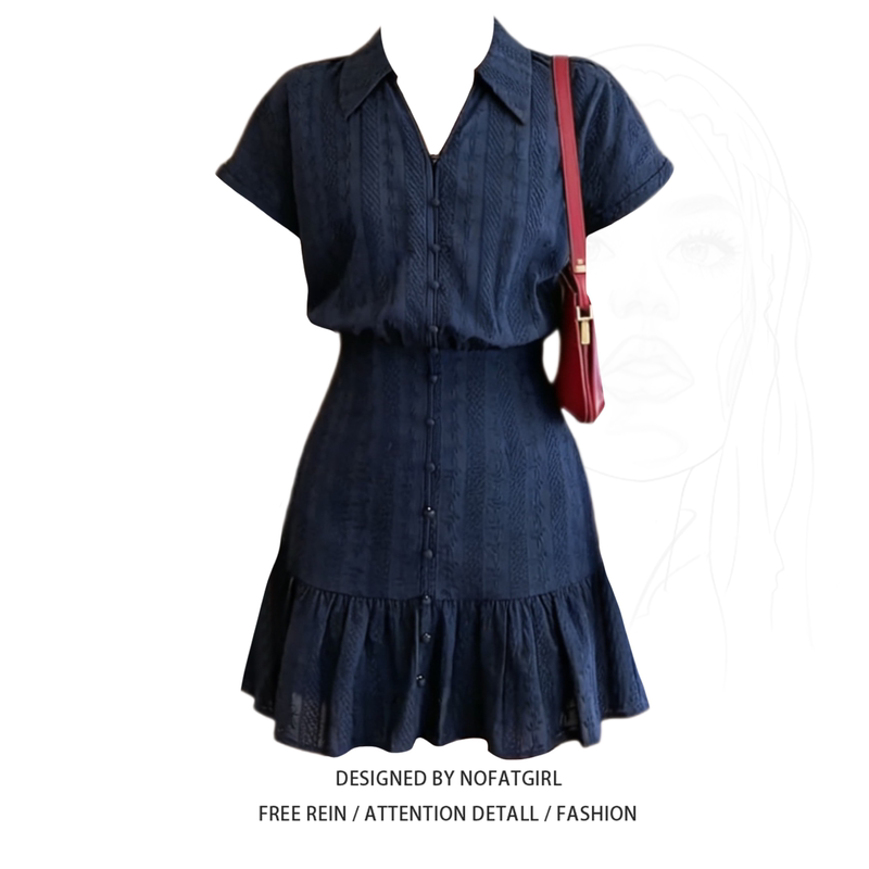 Plus-Size Fat Girl's High-End Navy Blue Short-Sleeved Dress for Women in Summer, Waist-Cinching, Ruffled, Age-Reducing, French-Style Hip-Hugging Skirt