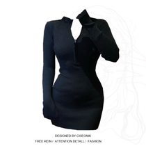 Large size fat mm American hot girl half zipper knitted long-sleeved dress womens autumn and winter temperament inner bag hip skirt tide