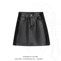 Plus size fat sister black and gray stitching contrast color denim short skirt female high waist hot girl slimming A-line skirt