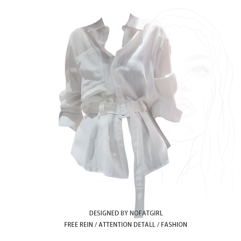 Plus-Size Korean-Style White Polo Collar Long-Sleeve Shirt for Women, New Spring Model with Belt, Waist-Cinching, Elegant and Versatile Top