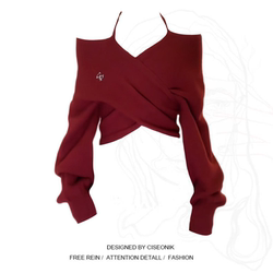 Large size fat sister New Year red retro one -shoulder rhotin knit sweater female autumn and winter cross design sweet hot girl top