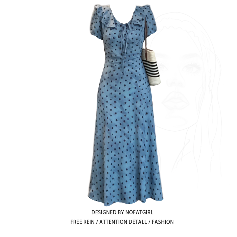 Plus Size Fat Girl French Retro Polka Dot Blue Dress Women's Summer V Neck Waist Slimming Elegant Long Skirt Plus Size Fat Girl French Retro Polka Dot Blue Dress Women's Summer V Neck Waist Slimming Elegant Long Skirt
