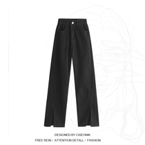 BIG CODE FAT MM OPEN FORK BLACK JEANS WOMAN DISPLAY SLIM HIGH WAIST MICRO-HORN PANTS STRAIGHT BARREL LOOSE WITH WIDE LEG PANTS