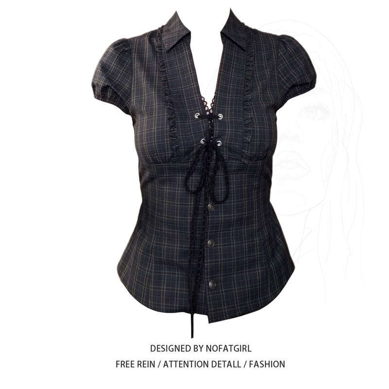 Plus-Size Sweet and Spicy Girl Lace-Trimmed V-Neck Plaid Short-Sleeve Shirt for Women, Super Stylish Top for Summer 2026