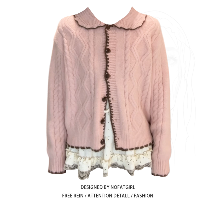 Plus-Size Sweet Pink Cable Knit Cardigan for Women, Winter Color-Block V-Neck Long-Sleeve Versatile Sweater Set