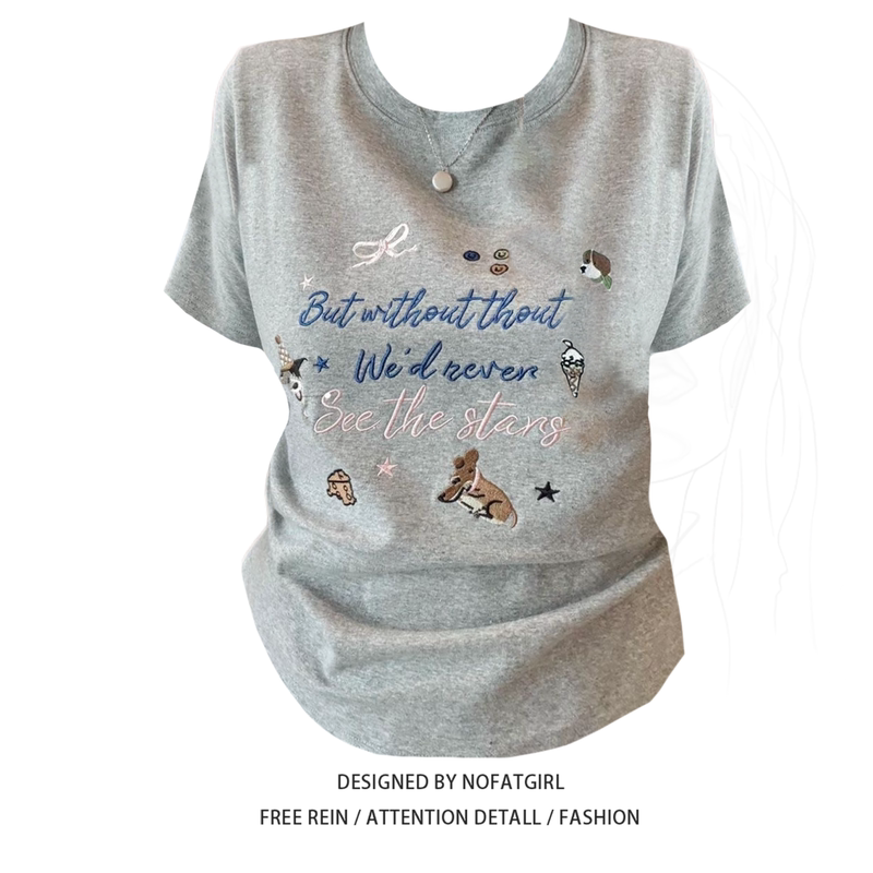 Plus-Size American Retro Embroidered Short-Sleeve T-Shirt for Women, Summer Ruched Waist Slimming Versatile Top Trendy