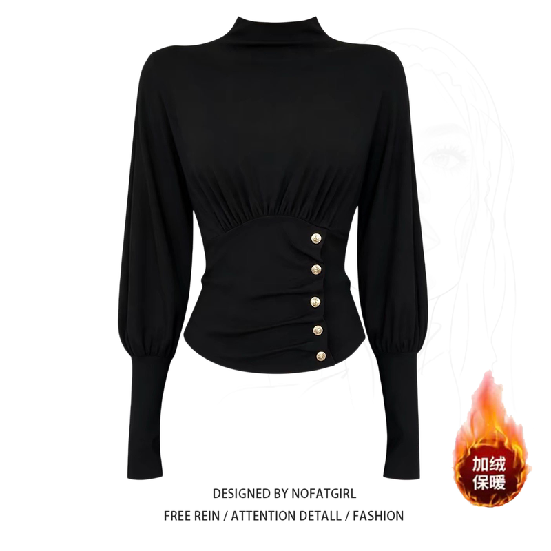 Plus-Size High-Neck Fleece-Lined Long-Sleeve Base Shirt for Women, Autumn and Winter, Elegant Slim-Fit Waist-Cinching Top