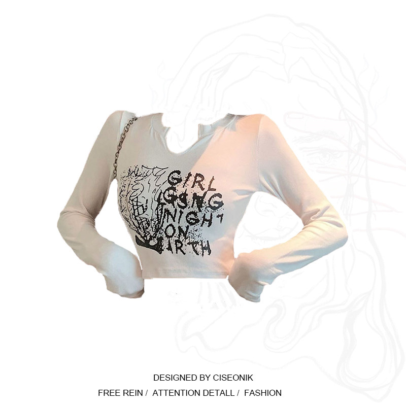 Large size Fat younger sister 2021 Fall new design Feel Slim Print Long Sleeve T-Shirt American Short Dew Navel Blouse