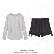 Big Code Women Dress Fat Sister Han Edition Grey T-Shirt Long Sleeve Connected Hat Sunscreen Blouse High Waist Pumping Rope Shorts Suit