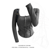 Large size fat sister European and American style stitching reverse line single-breasted long-sleeved short bottoming shirt T-shirt female spring hot girl top