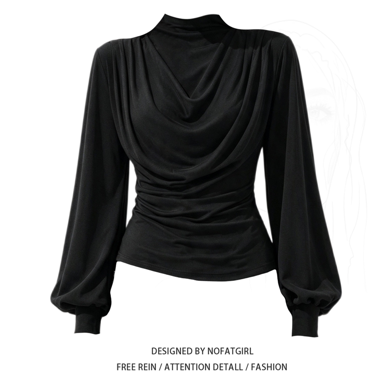 Plus-Size Simple Style Black Turtleneck Lantern Sleeve T-Shirt for Women, Long-Sleeved, Slim-Fitting, Unique Design Top