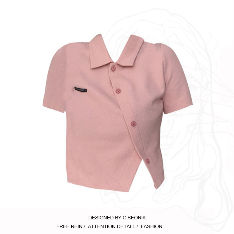 Large size female dress Fat sister Spring Summer new design Feel Polo Cardigan T-shirt Girl Pink High Waist Short Blouse