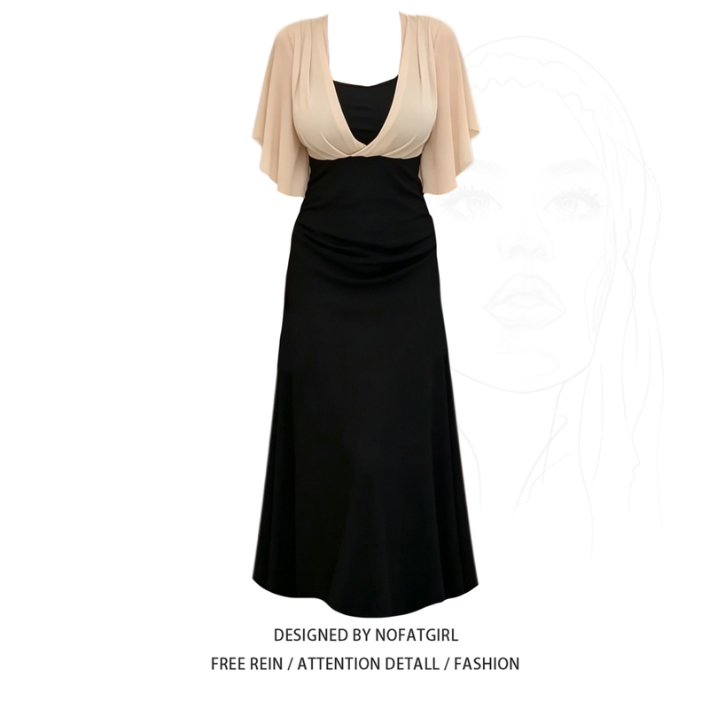 Plus-Size French Retro Style Elegant Work Dress with Contrasting Colors and Waist-Cinching Design for Women, Super Pretty Long Dress for Summer 2026 Plus-Size French Retro Style Elegant Work Dress with Contrasting Colors and Waist-Cinching Design for Women, Super Pretty Long Dress for Summer 2026