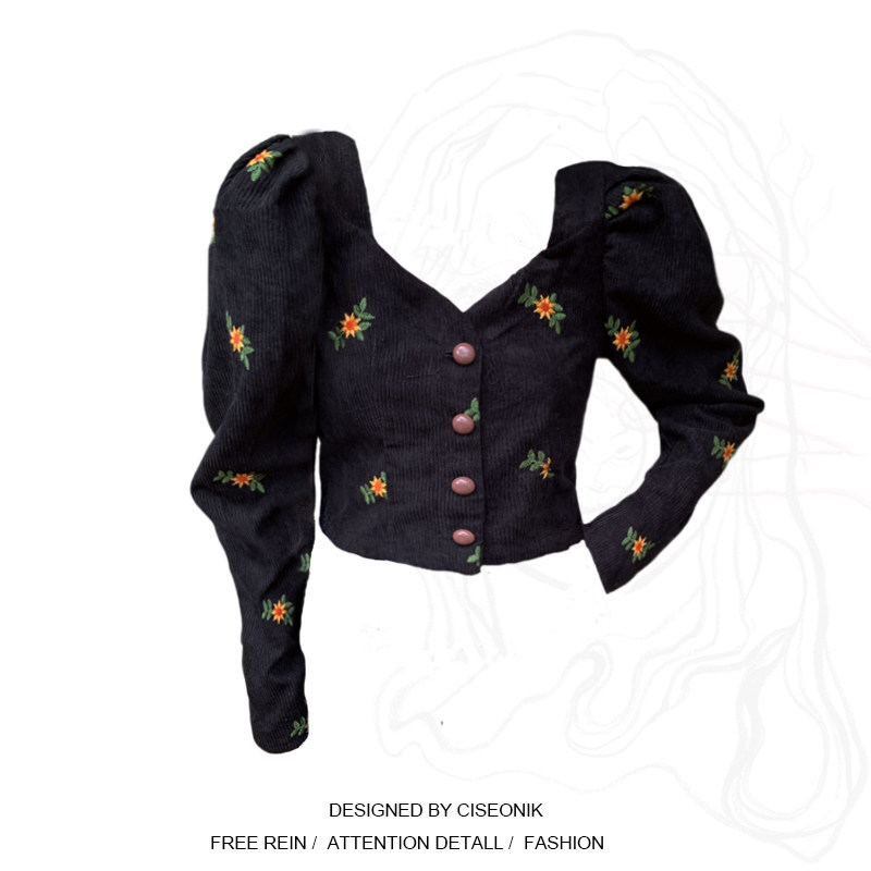 Large size fat sister French retro embroidery lamp corvey shirt autumn design bubble sleeve to short coat