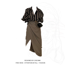 Big Code Fat Sister Harbor Taste Vintage Design Sense Loose Striped Shirt Irregular High Waist Half Body Dress Woman Suit