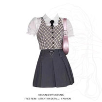 Big Code Women Dress Fat Sister Sweet Spicy College Wind Checkered Machia Tie Shirt Grey Plexut Skirt Short Skirt Suit