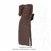 Large size fat mm Hong Kong style design sense hollow niche skirt autumn and winter new waist slimming long-sleeved slit dress