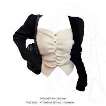 Large size fat mm design puff sleeve color matching square collar knitted sweater womens autumn and winter slim slim French niche top