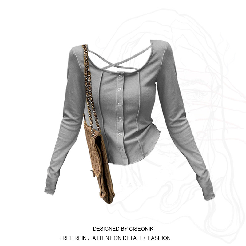 Large size female dress Fat sister pure desire sweet and spicy machine lock bone strap long sleeve round collar blouse Women's early fall short T-shirt