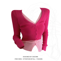 Big size fat sister Korean version design sense fake two-piece knitted sweater womens autumn new V-neck slim cardigan top tide