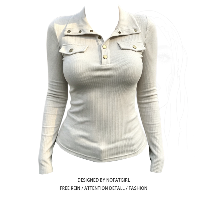 Plus-Size American Retro High-Neck Buttoned Long-Sleeve T-Shirt for Women, Autumn Design, Slim-Fit, Flattering, Versatile Top