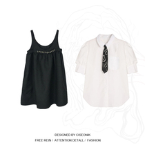 Large size fat mm College wind age reduction set summer New loose retro strap tie shirt two-piece set