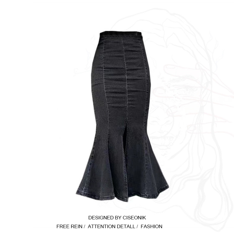 Large size women's clothing fat sister denim split skirt female a-line skirt lotus leaf mid-length version hot girl bag hip fishtail skirt