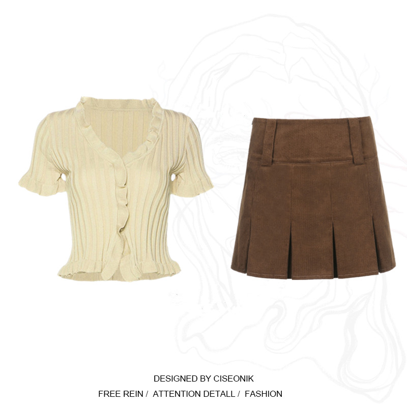 Large size SIZE AMERICAN RETRO SUIT WOMAN 2022 SUMMER NEW BM SHORT KNITTED BLOUSE HIGH WAIST SHORT SKIRT TWO-PIECE SET